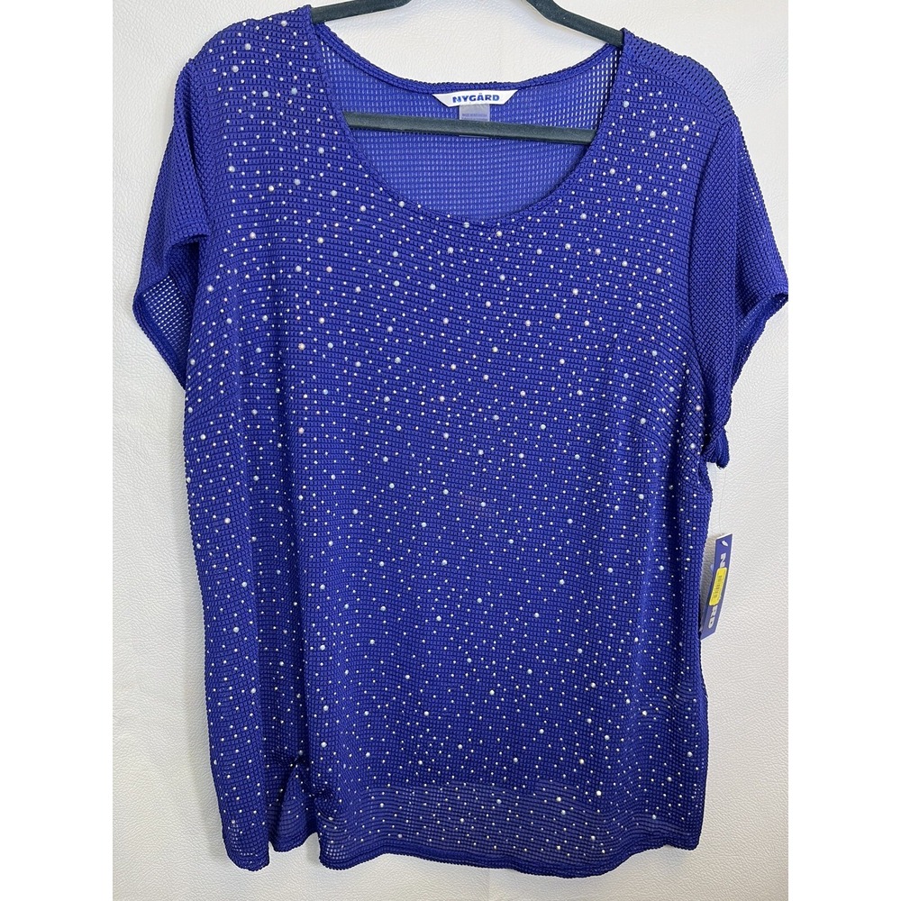 Nygard Plus Woman's Blue Short Sleeve Rhinestones bling top! NWT, 1 Open Knit